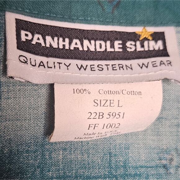 Vintage Panhandle Slim Green Wagon Horse Western Button Down, size Large - Picture 6 of 6